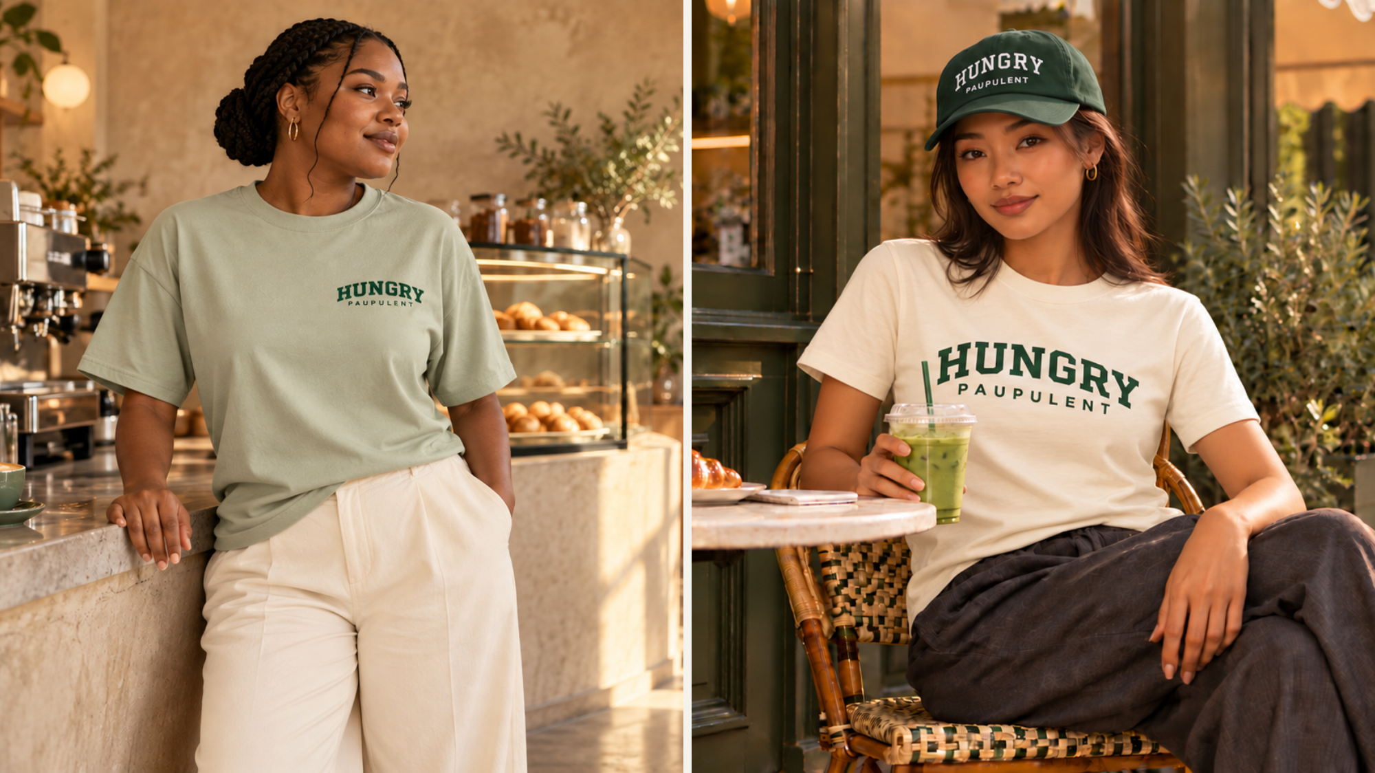 Women wearing forest and ivory Hungry shirts