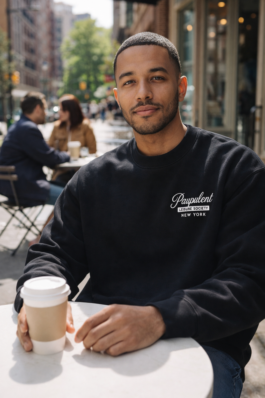 Man wearing a black sweatshirt with text, sitting outdoors holding a coffee cup.