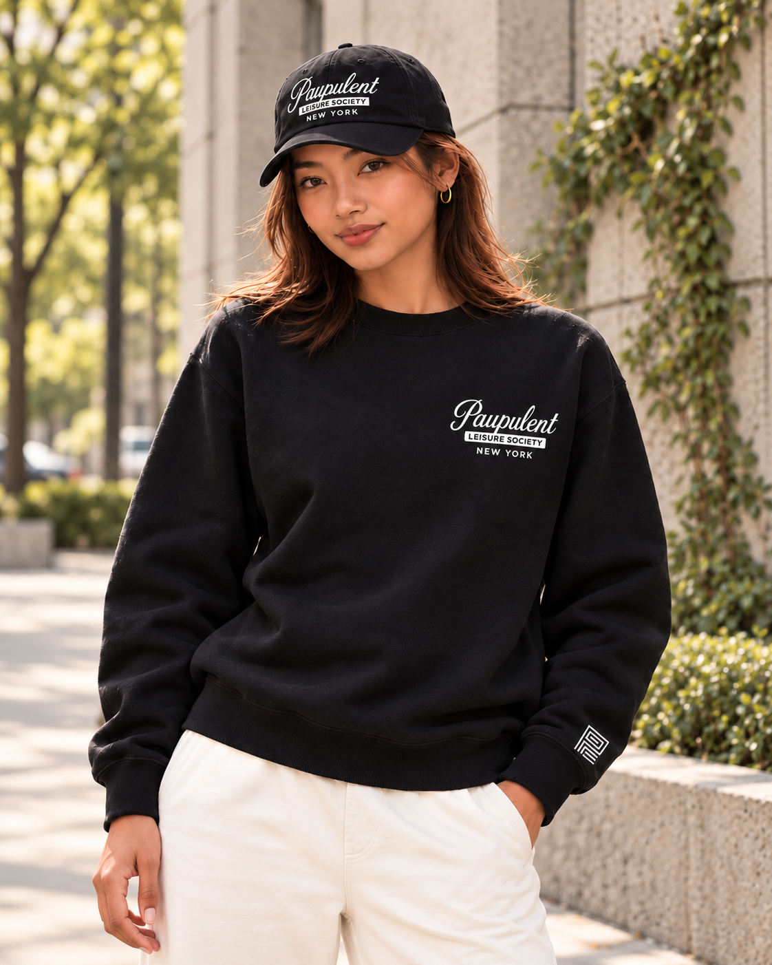 Woman in the black Leisure Society crewneck and cap