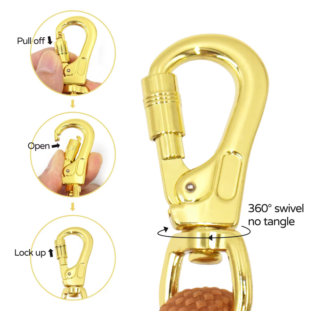 Gold carabiner on dog leash with instructions on how to use it