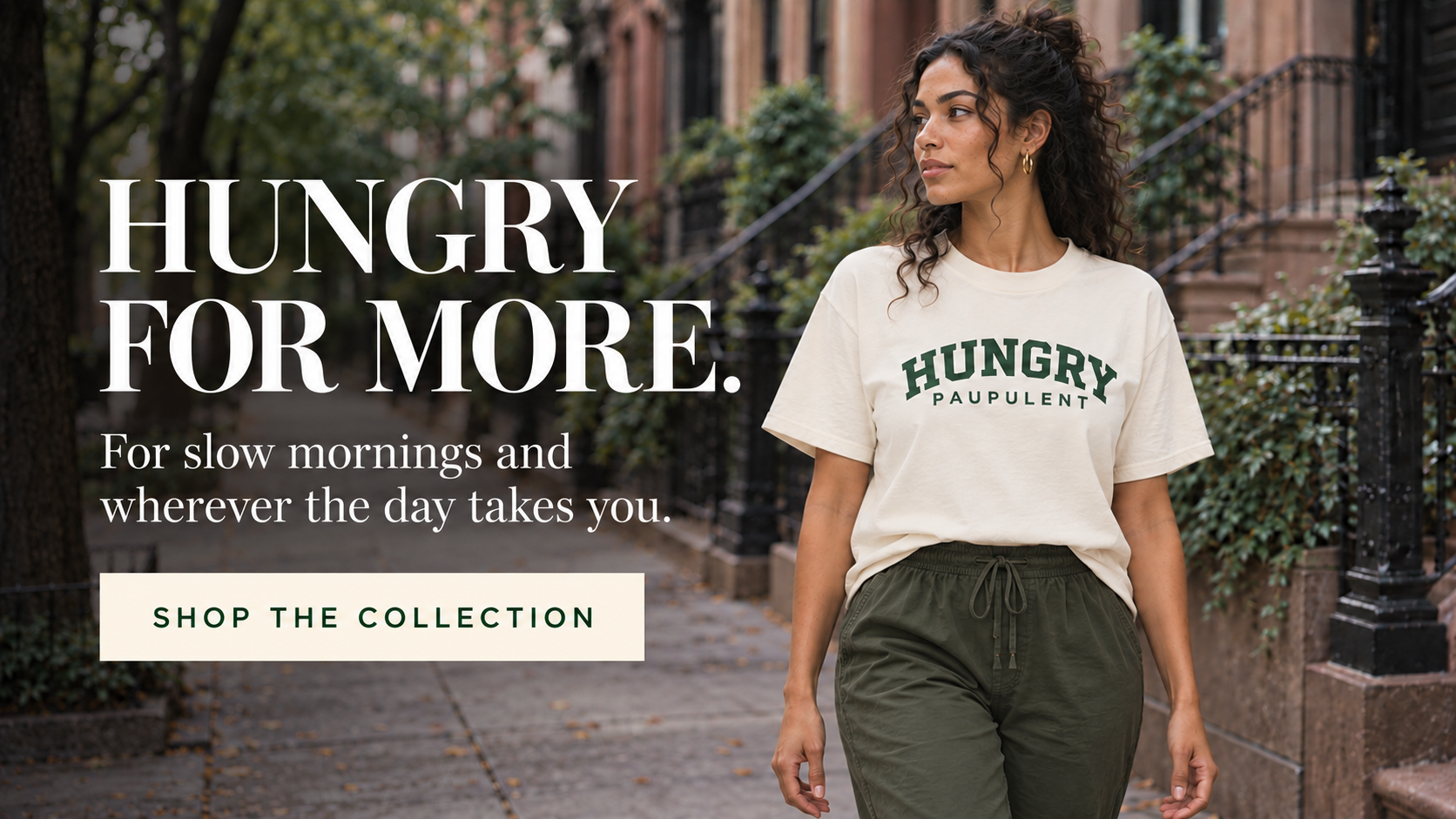 Woman in ivory Hungry shirt stretching on stone steps