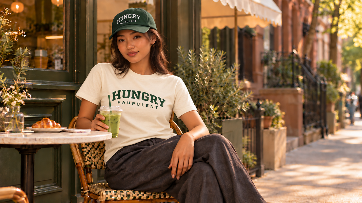 Woman in the HUNGRY cap and ivory tee with an iced matcha