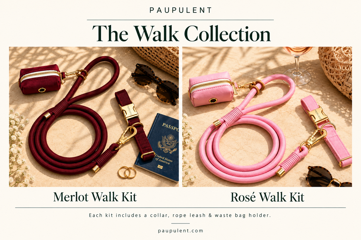 The Walk Collection: Merlot Walk Kit and Rosé Walk Kit, each with a collar, rope leash and waste bag holder