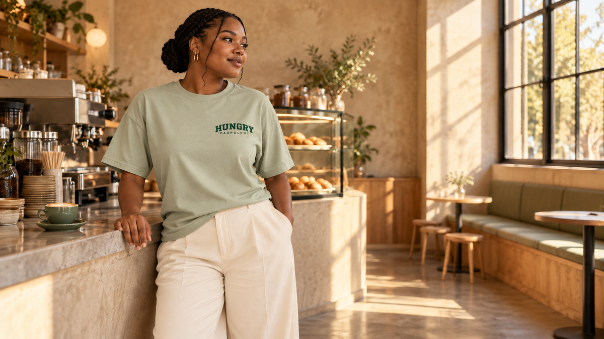 Woman in the Bay HUNGRY tee at a cafe coffee bar