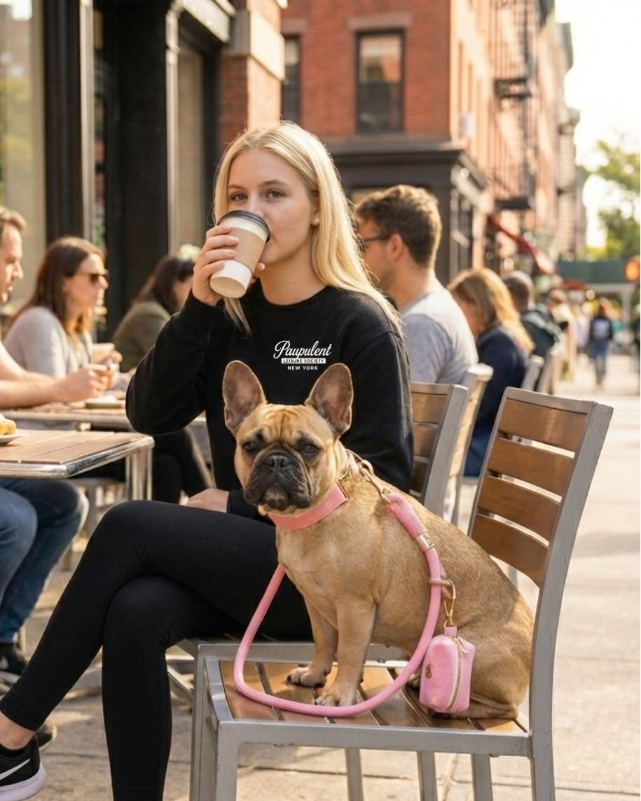 Woman sitting outdoors with a dog on a leash, drinking from a cup.